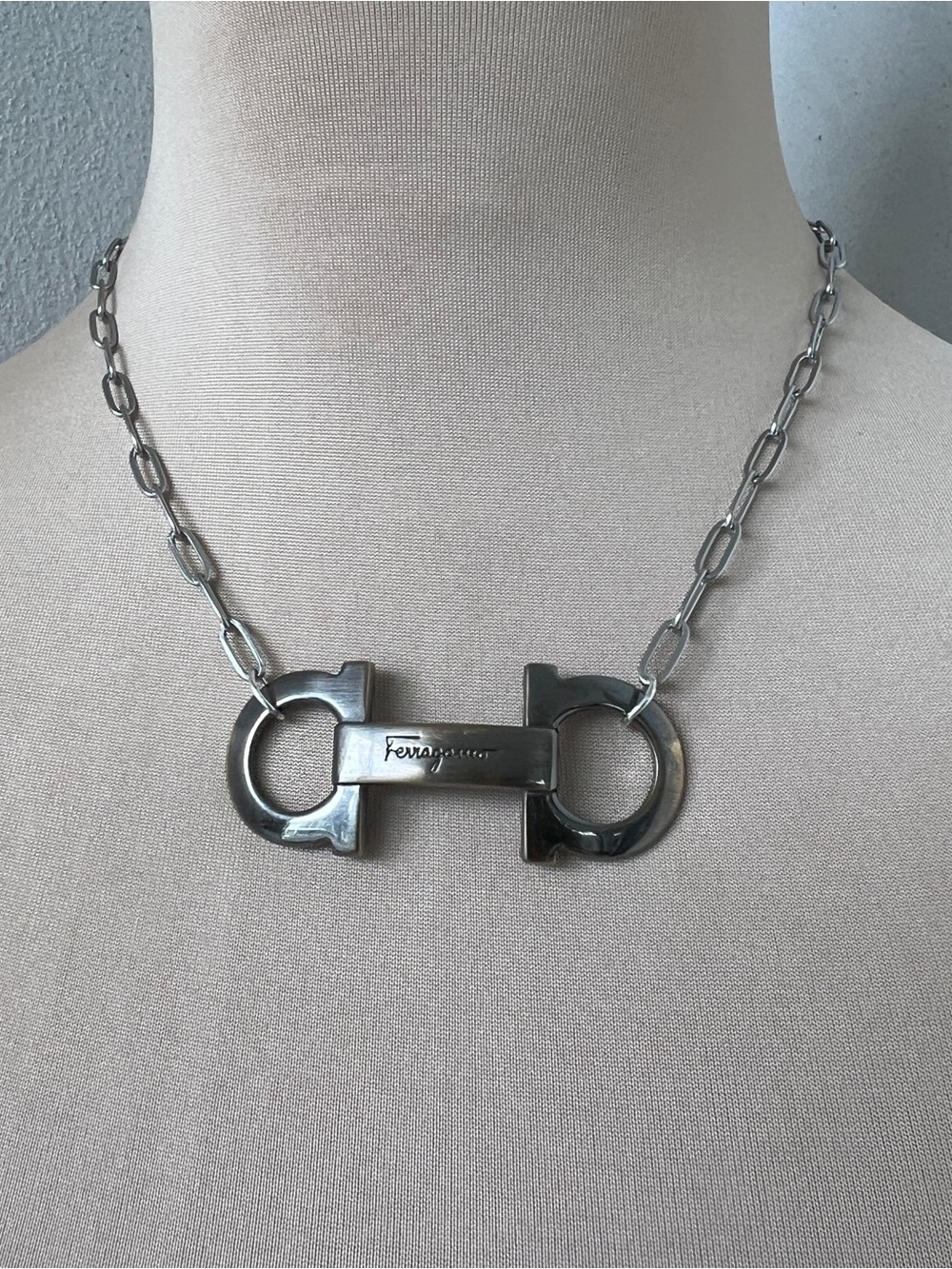 Salvatore Ferragamo Custom Silver Necklace | Gancini Horsebit Hardware 17”
